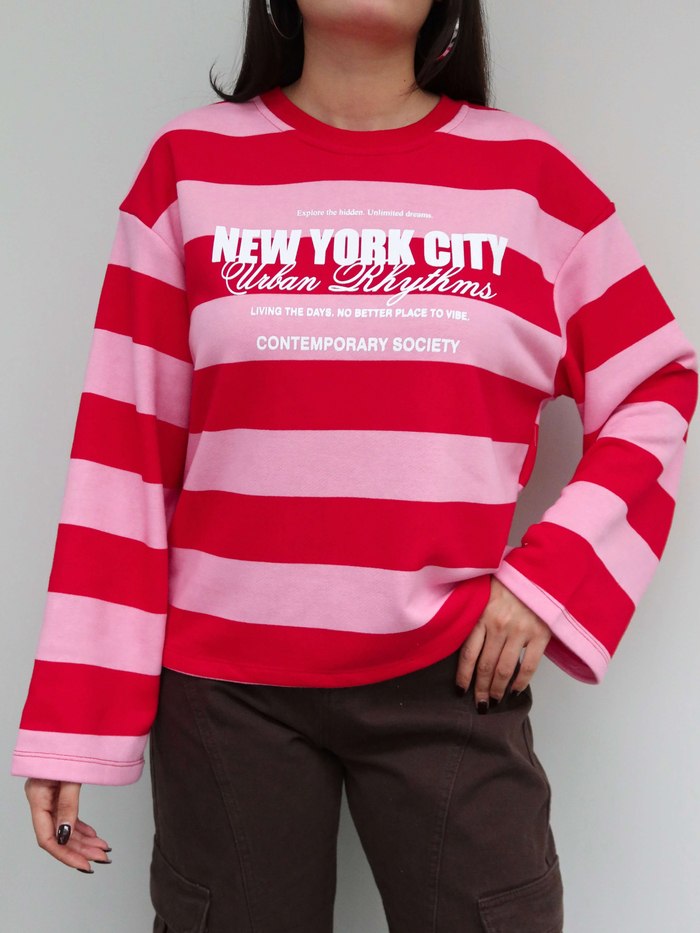Kontrast Çizgili Baskılı Sweatshirt