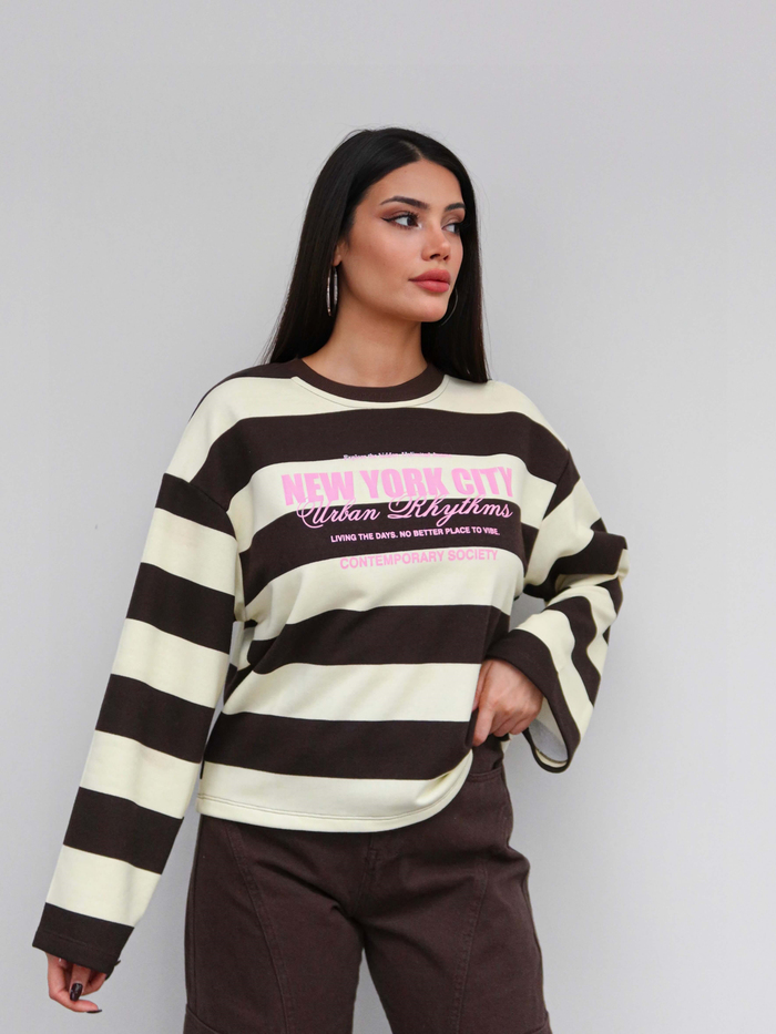 Kontrast Çizgili Baskılı Sweatshirt