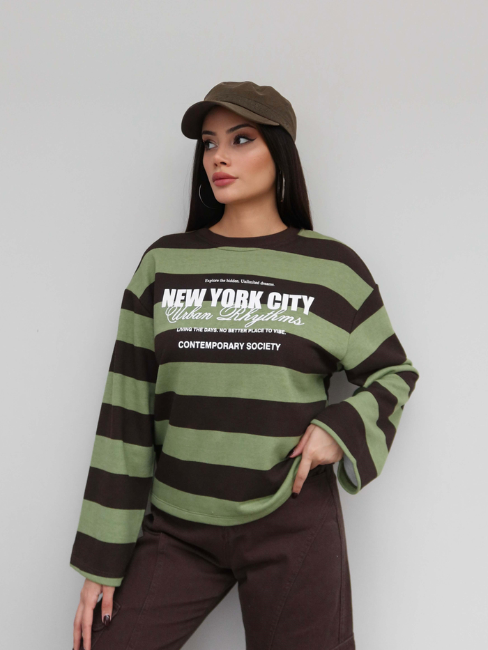 Kontrast Çizgili Baskılı Sweatshirt