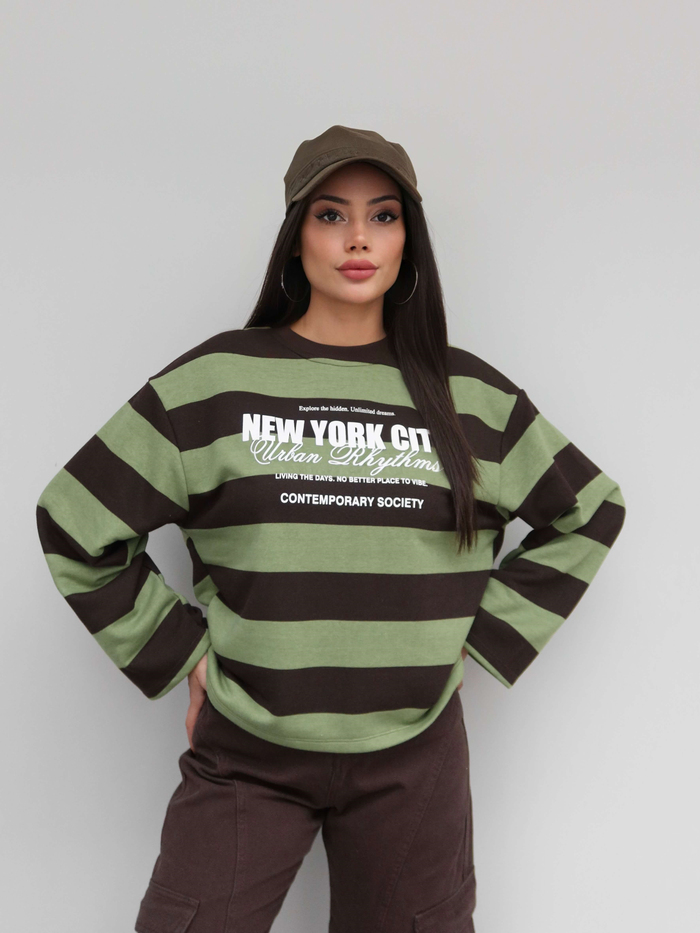 Kontrast Çizgili Baskılı Sweatshirt