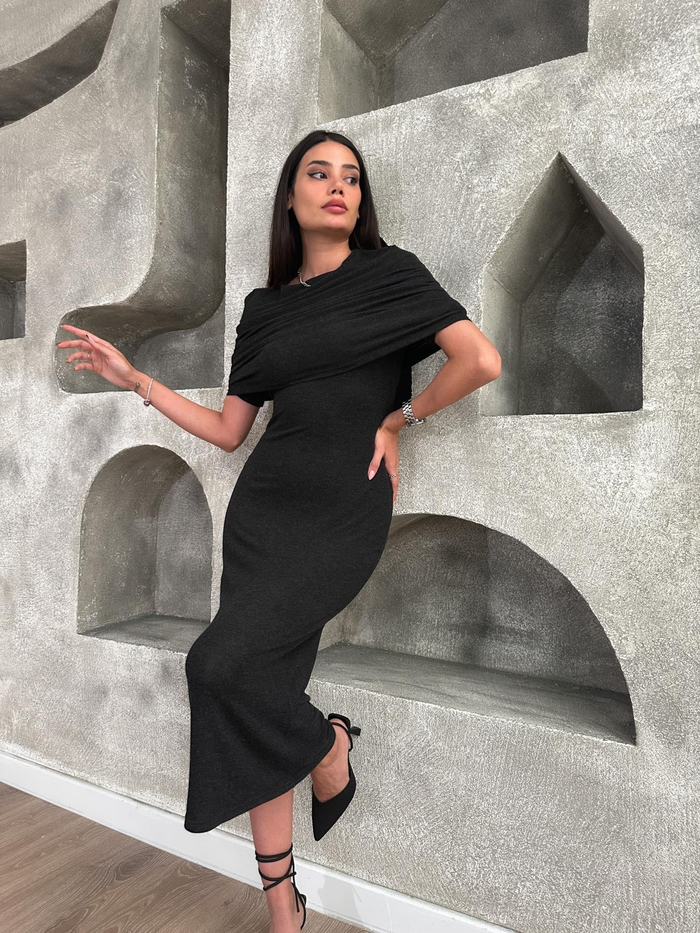 Koyu Antrasit İkili Madona Elbise