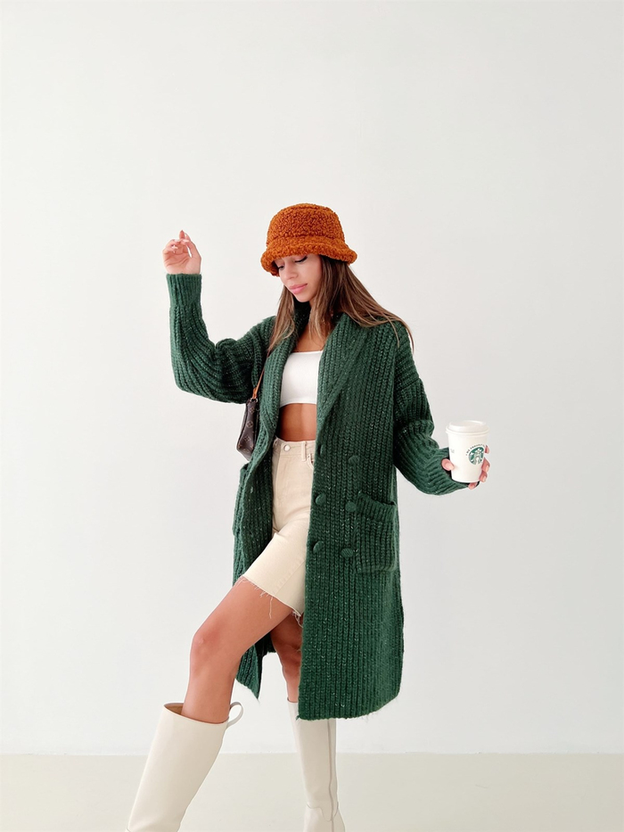 Koyu Yeşil Saç Örgü Cepli Hırka