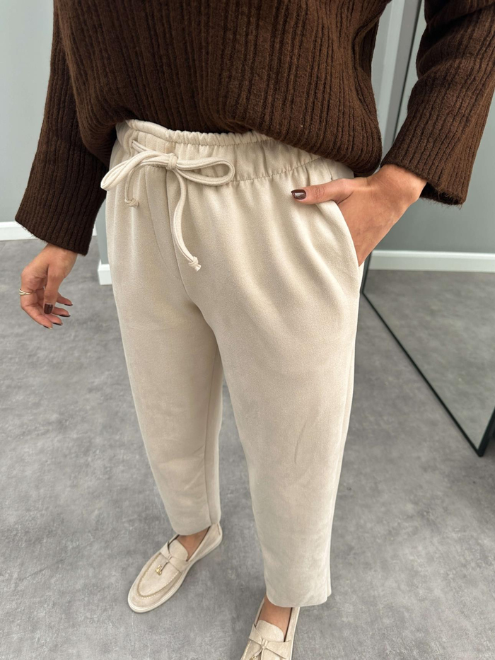 Krem Bel Lastikli Süet Pantolon