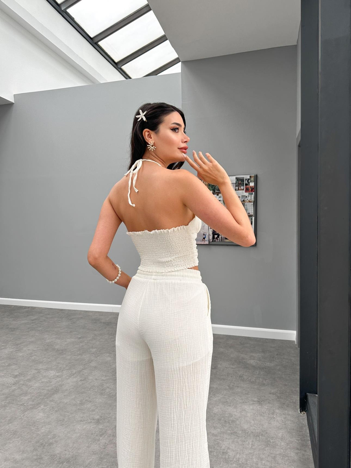 Krem Crop Pantolon Müslin Takım