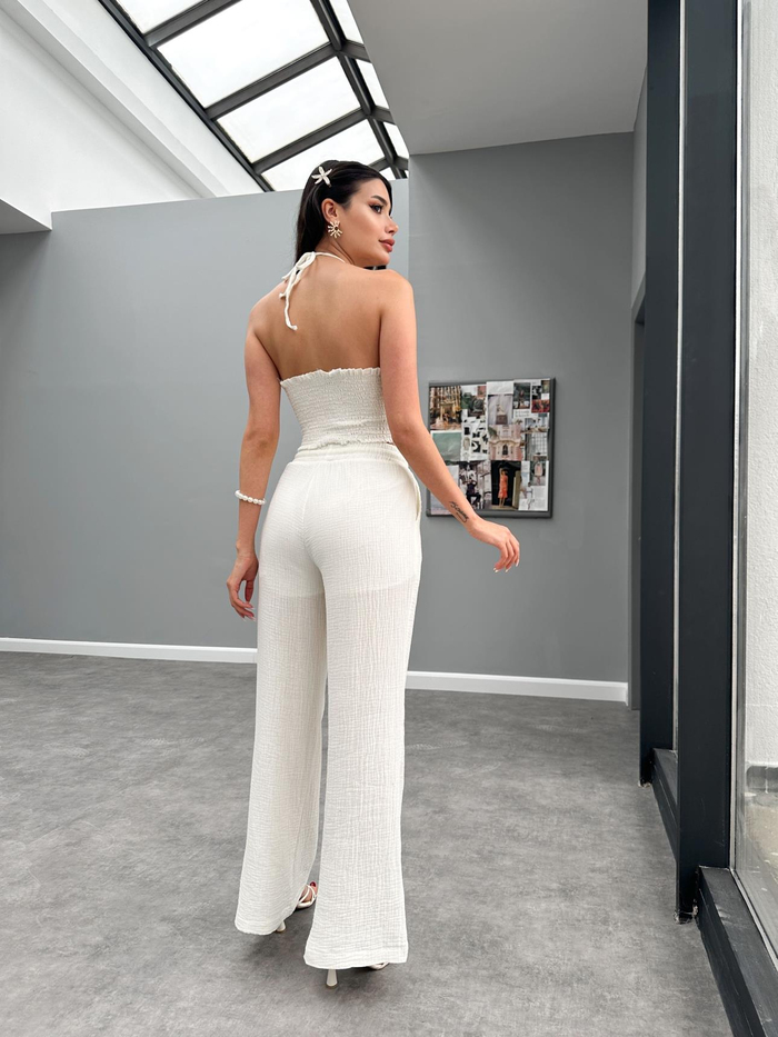 Krem Crop Pantolon Müslin Takım