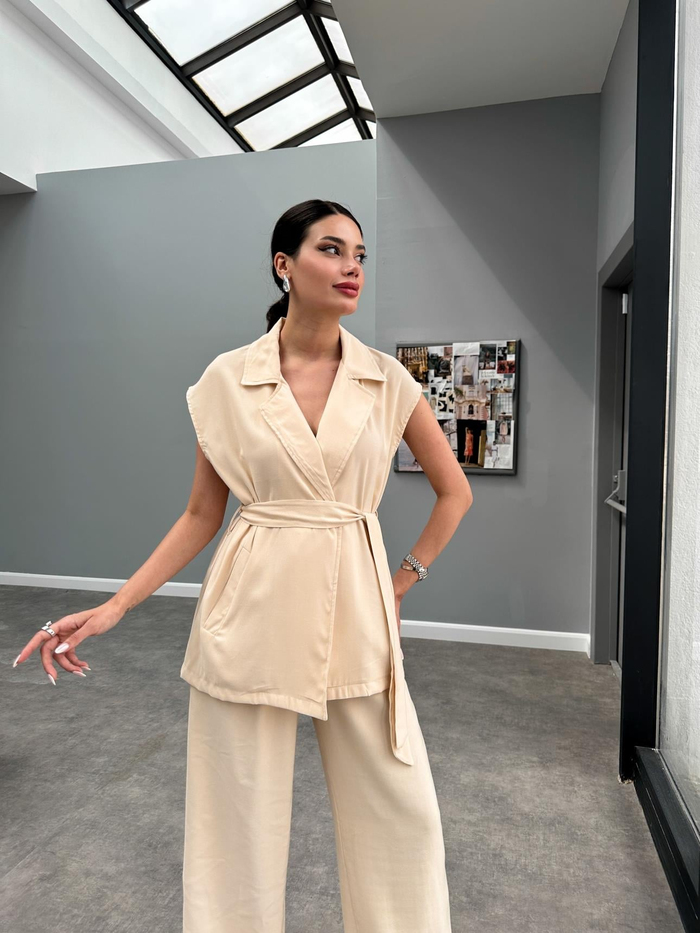 Krem Kimono Görünümlü Kuşaklı Takım