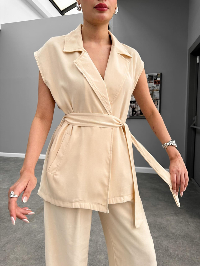 Krem Kimono Görünümlü Kuşaklı Takım