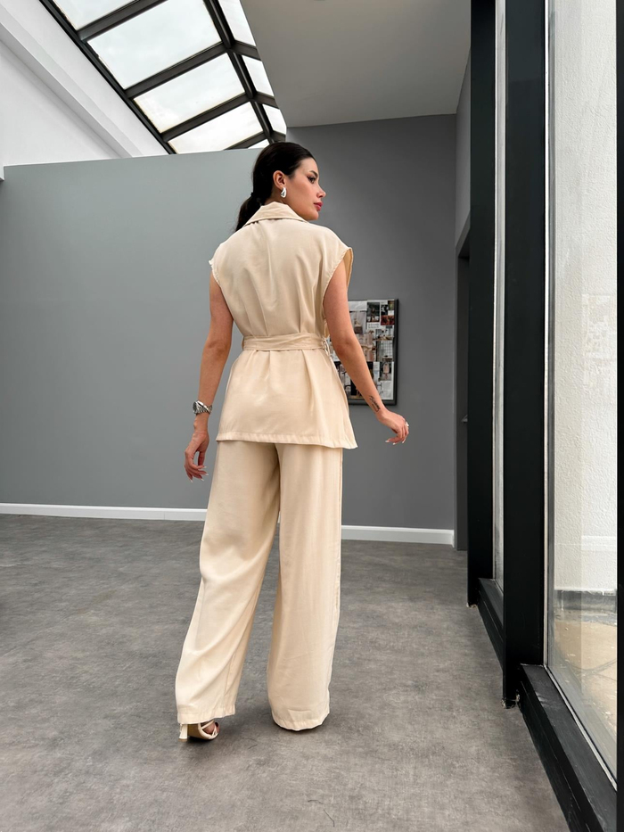 Krem Kimono Görünümlü Kuşaklı Takım