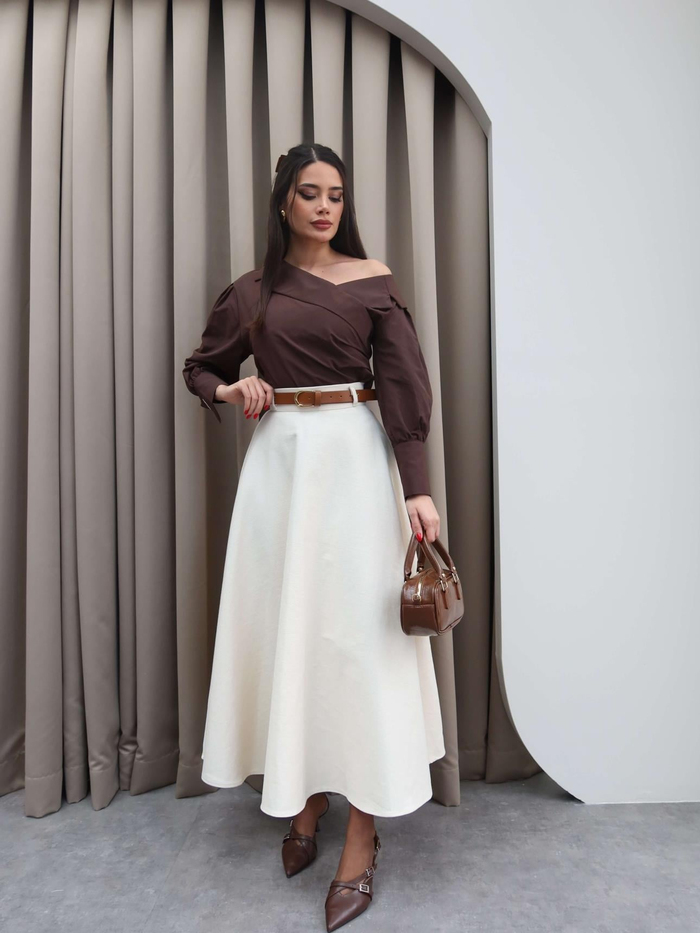 Krem Midi Gabardin Etek