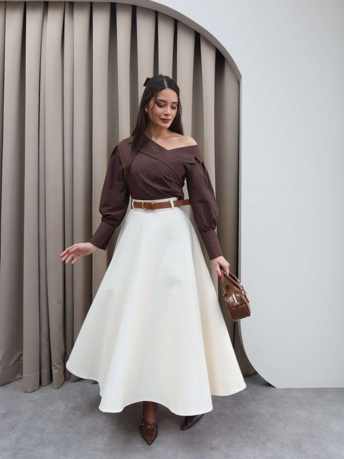 Krem Midi Gabardin Etek