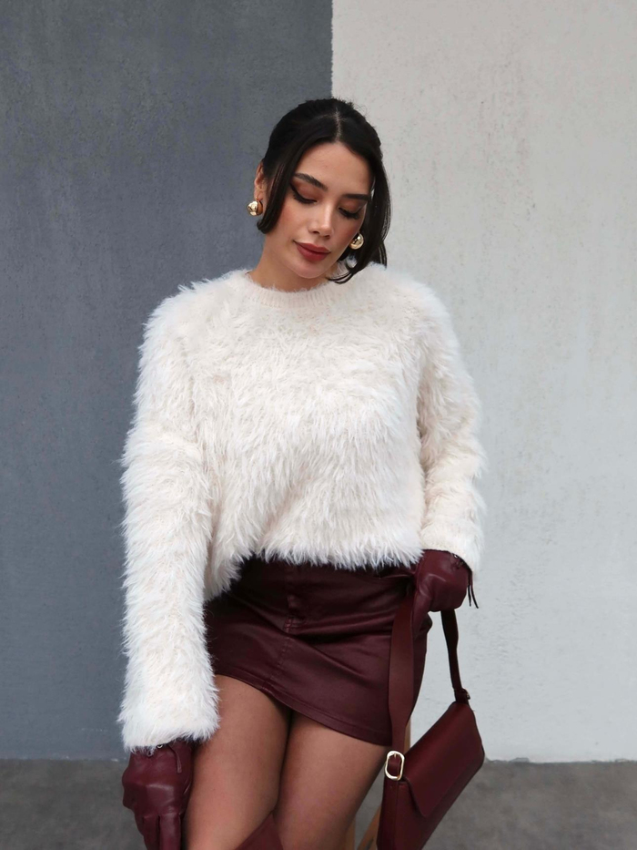 Krem Oversize Peluş Kazak