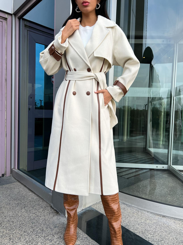 Krem Yün Leather Cuff Detay Kaşe Kaban