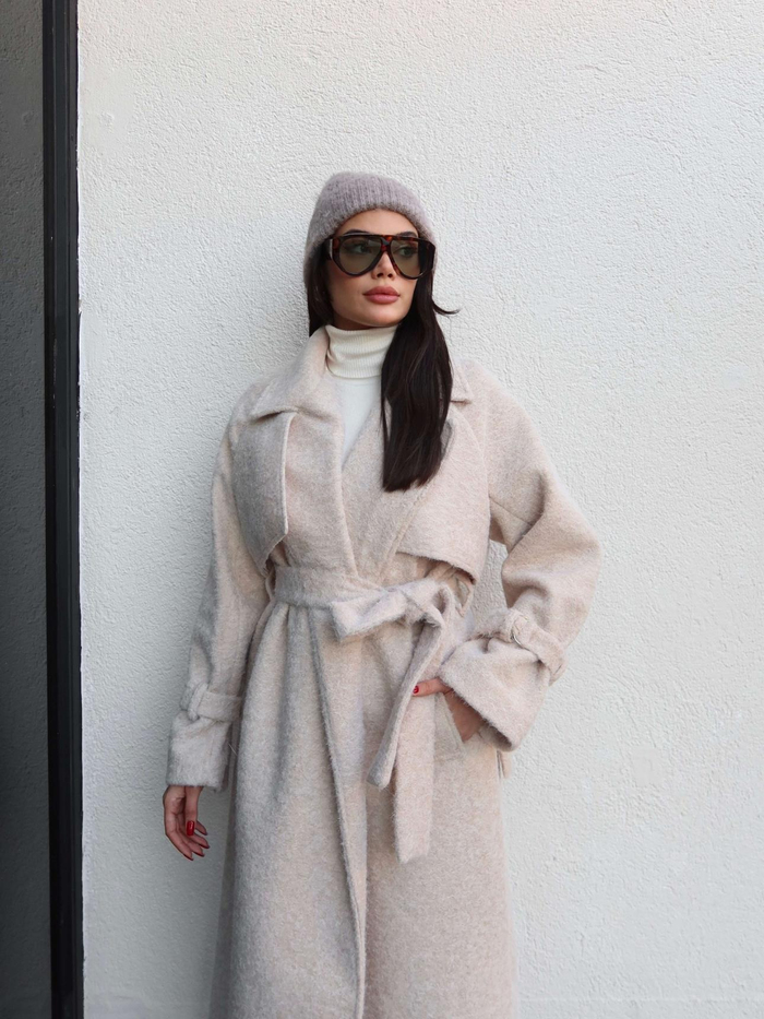 Kruvaze Kol Kemerli Kuşaklı Yün Kaban