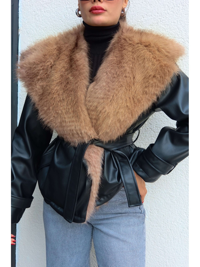 Kürk Yaka Kuşaklı Deri Ceket