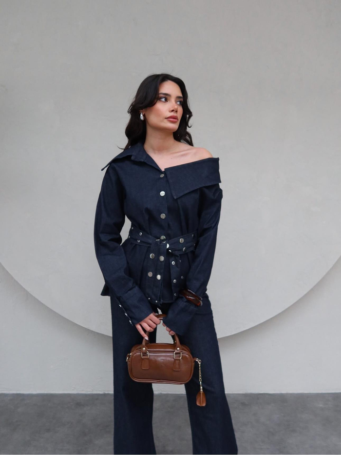 Kuşaklı Asimetrik Yaka Denim Takım