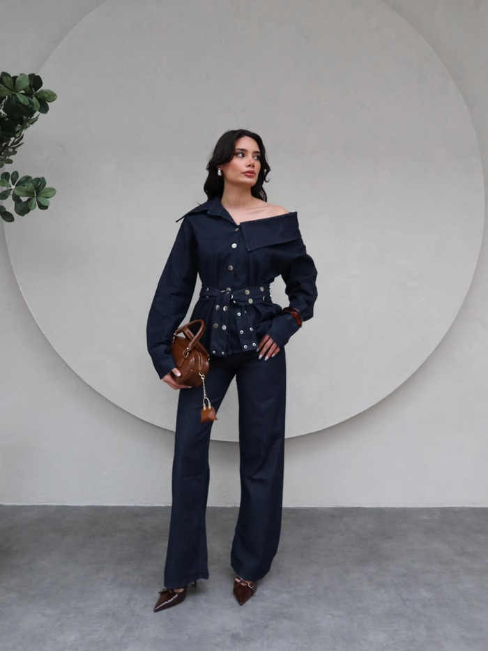 Kuşaklı Asimetrik Yaka Denim Takım
