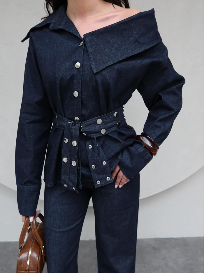Kuşaklı Asimetrik Yaka Denim Takım