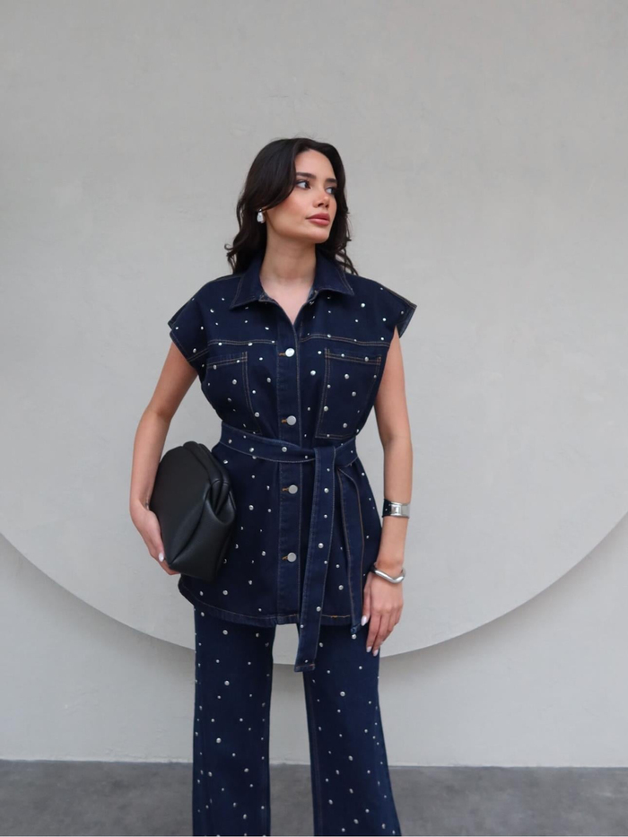 Kuşaklı Drop Çakımlı Yelek Pantolon Takım