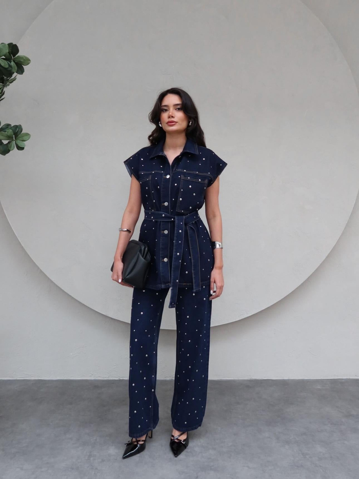 Kuşaklı Drop Çakımlı Yelek Pantolon Takım