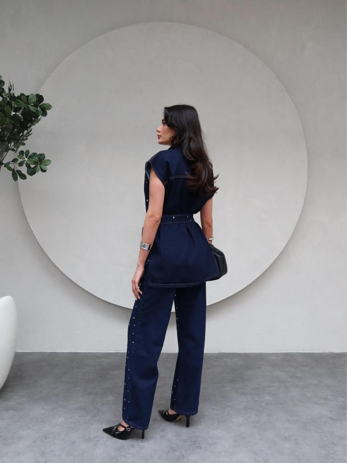 Kuşaklı Drop Çakımlı Yelek Pantolon Takım