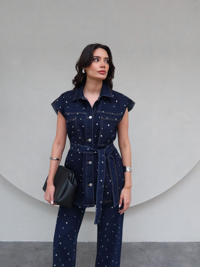 Kuşaklı Drop Çakımlı Yelek Pantolon Takım
