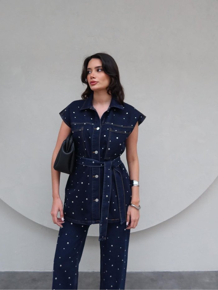 Kuşaklı Drop Çakımlı Yelek Pantolon Takım