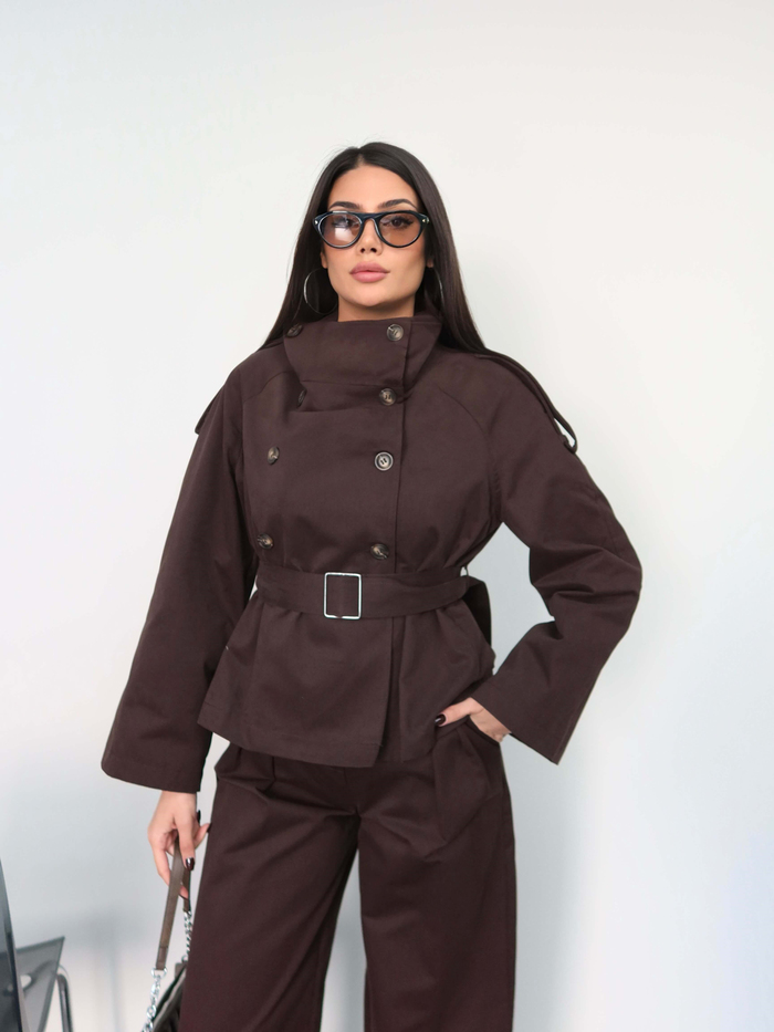 Kuşaklı Düğmeli Ceket Pantolon Takım