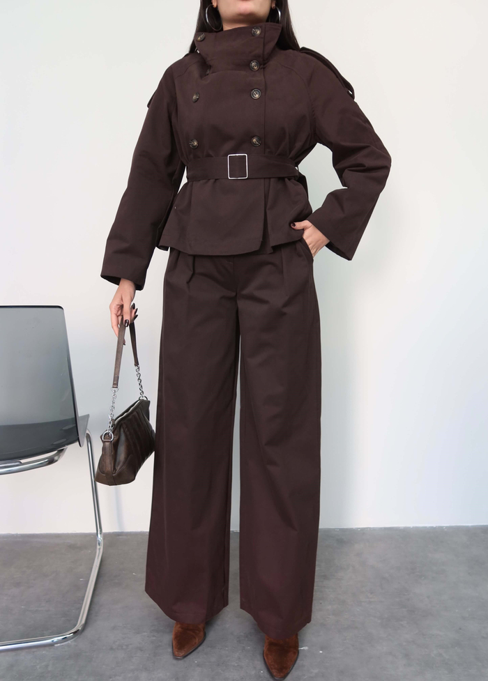 Kuşaklı Düğmeli Ceket Pantolon Takım