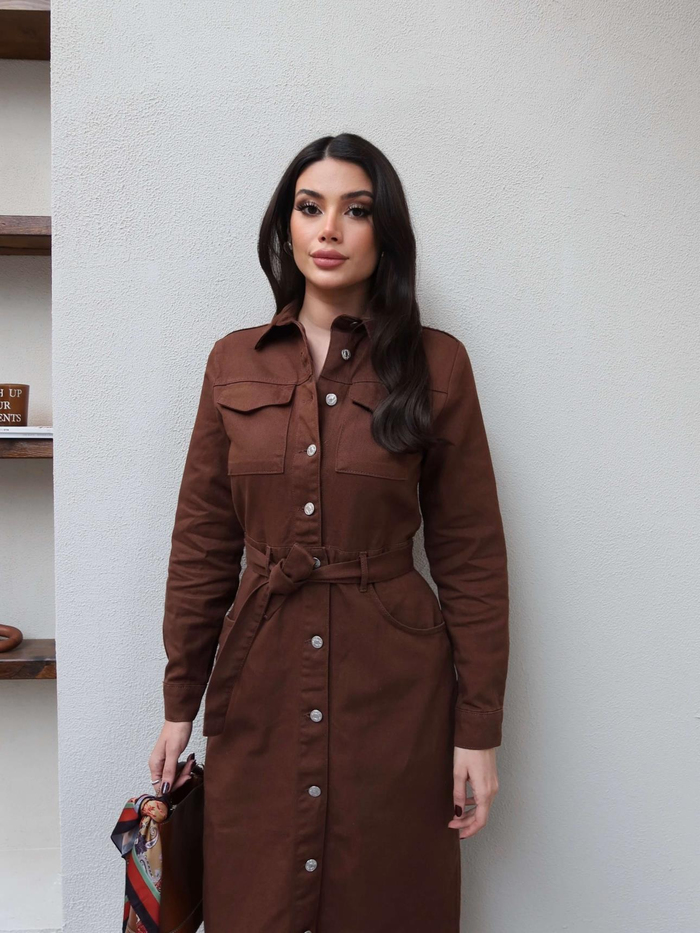 Kuşaklı Düğmeli Denim Elbise