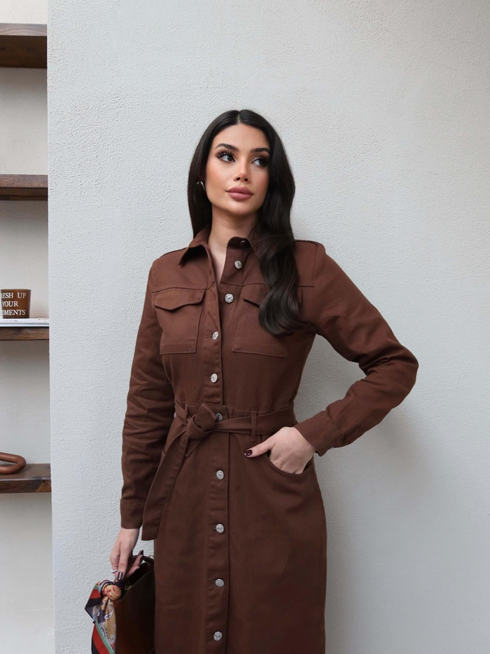 Kuşaklı Düğmeli Denim Elbise
