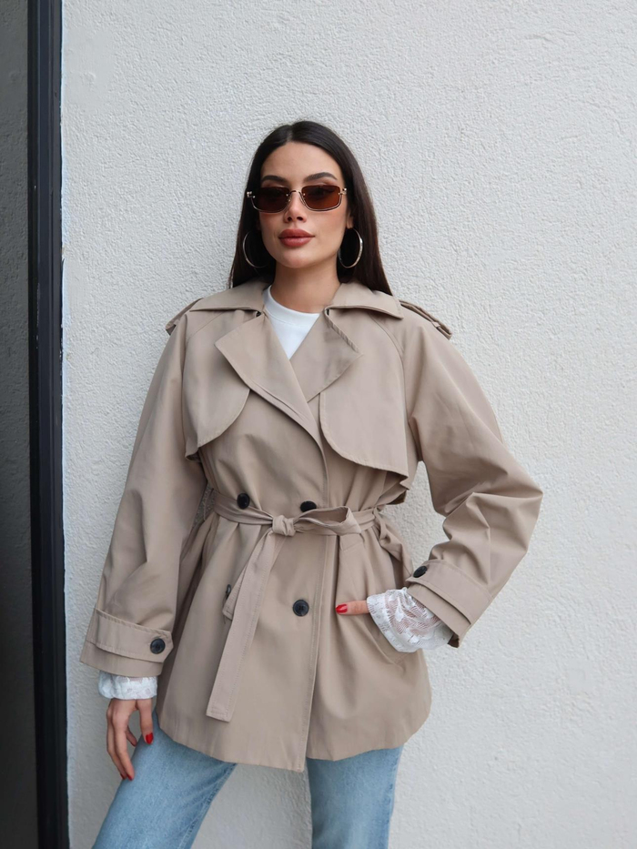 Kuşaklı Kruvaze Yaka Kısa Trench