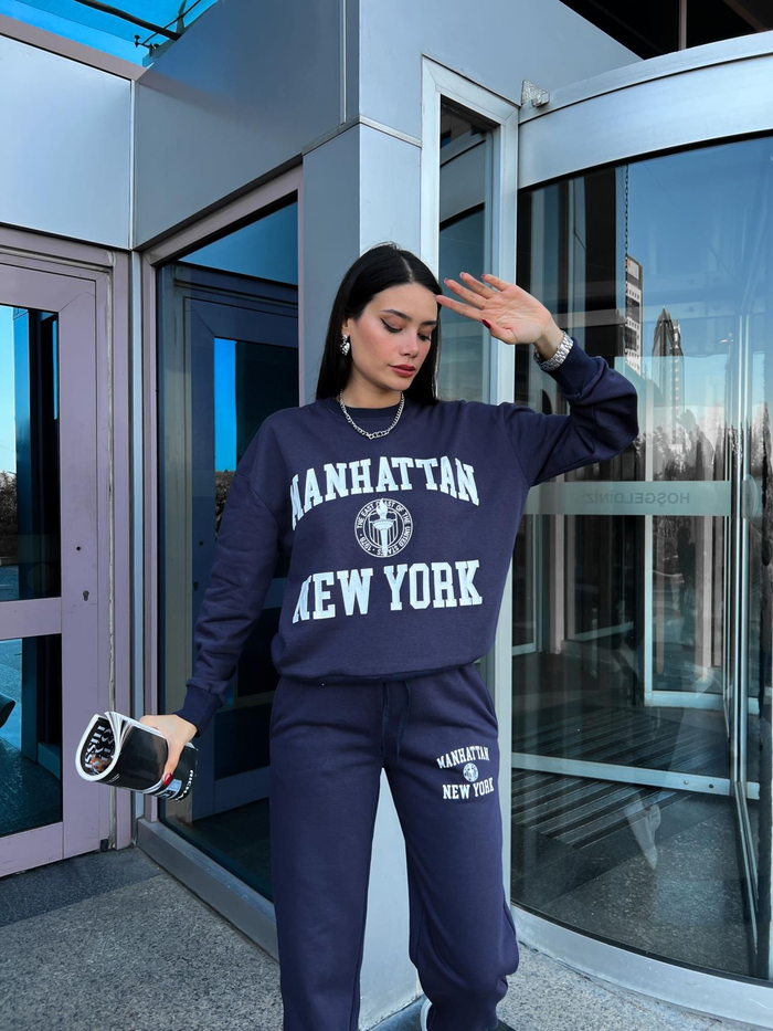 Lacivert Baskılı Örme Takım