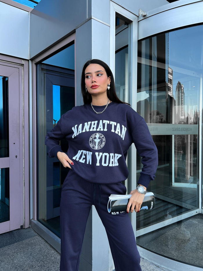 Lacivert Baskılı Örme Takım