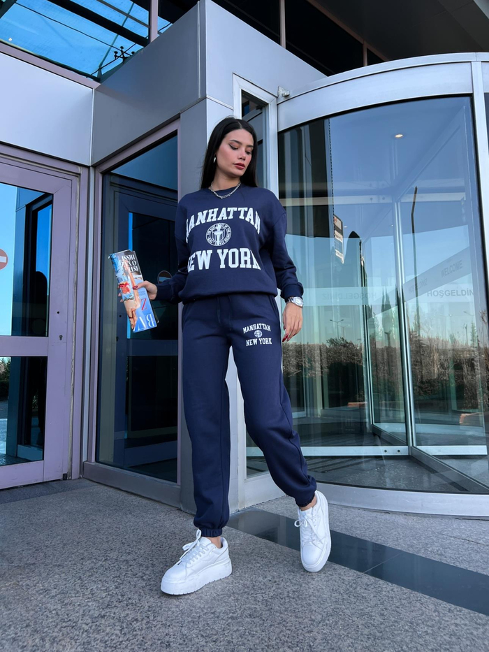 Lacivert Baskılı Örme Takım