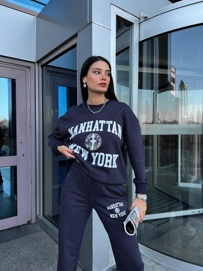 Lacivert Baskılı Örme Takım