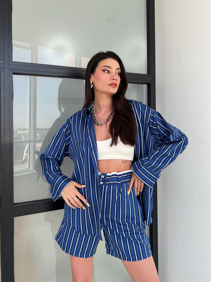Lacivert Çizgili Şort Takım