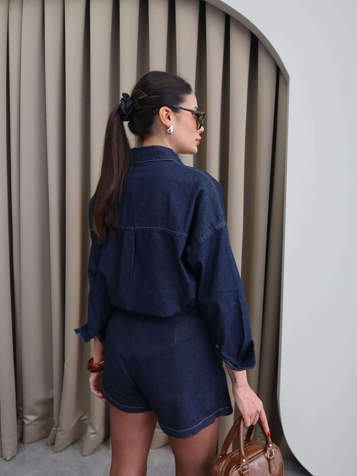 Lacivert Denim Gömlek Etek  Takım