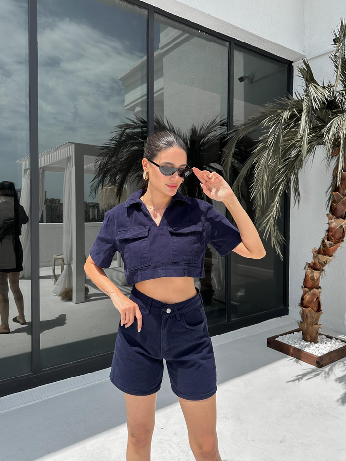 Lacivert Denim Şort Bluz Takım