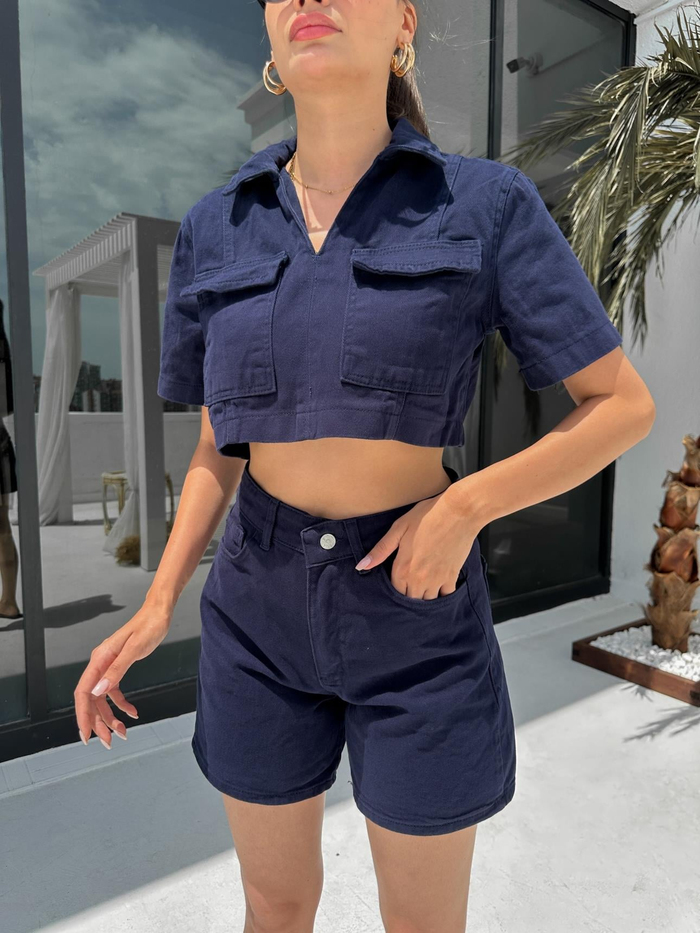 Lacivert Denim Şort Bluz Takım