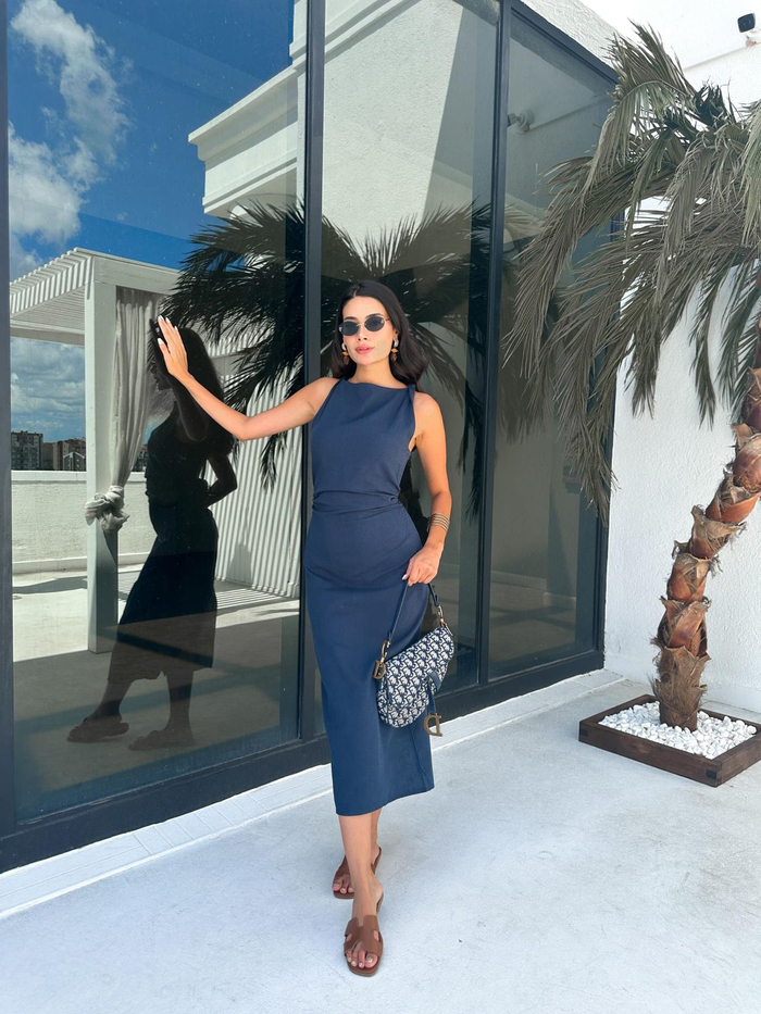 Lacivert Drapeli Keten Elbise