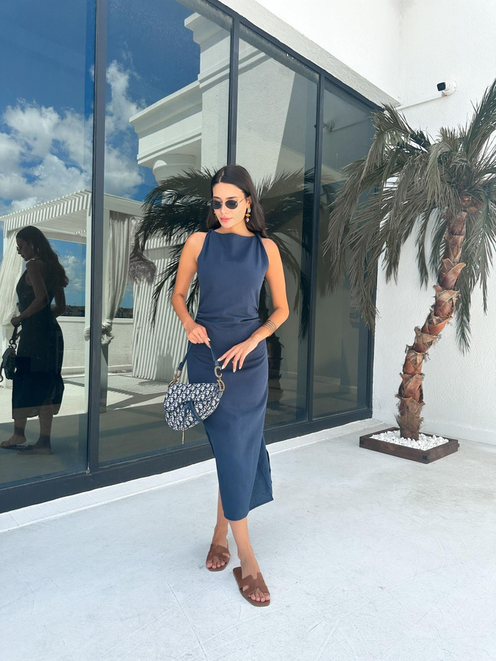 Lacivert Drapeli Keten Elbise