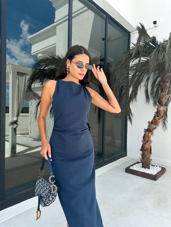 Lacivert Drapeli Keten Elbise