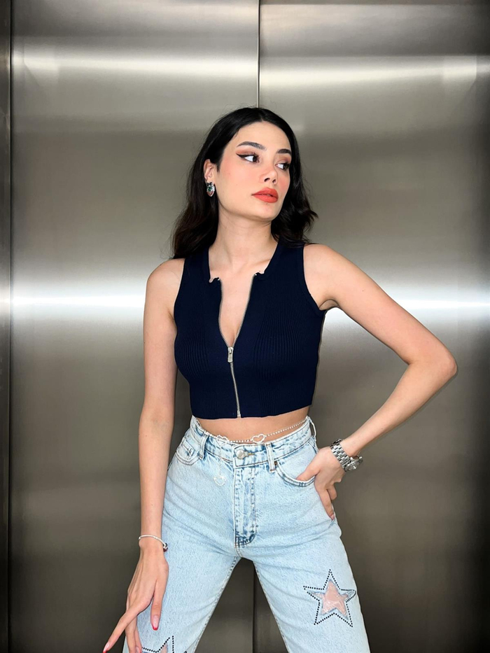 Lacivert Fermuarlı Crop