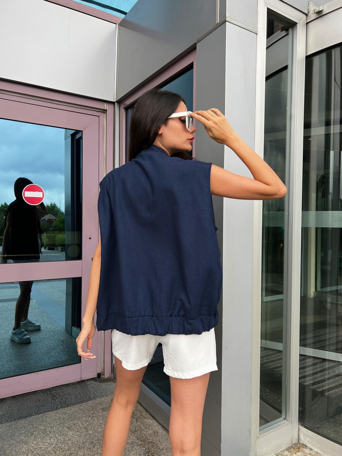 Lacivert Keten Oversize Yelek