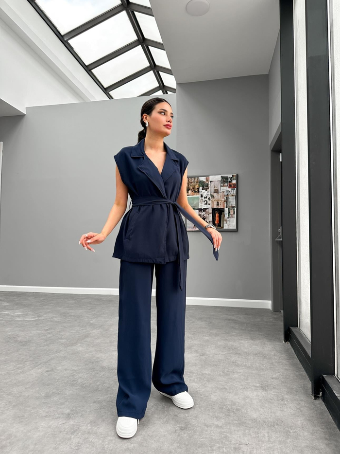 Lacivert Kimono Görünümlü Kuşaklı Takım