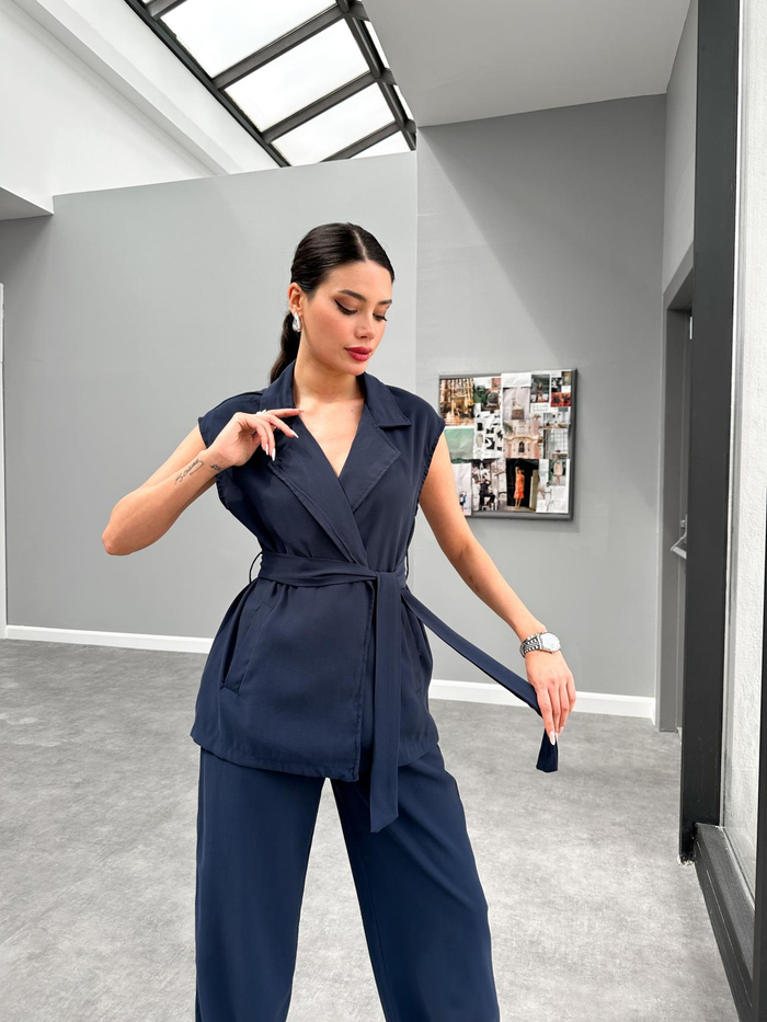 Lacivert Kimono Görünümlü Kuşaklı Takım