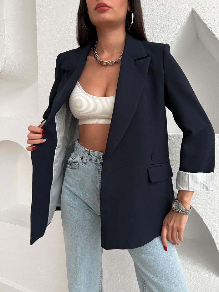 Lacivert Kolu Katlamalı Blazer Ceket