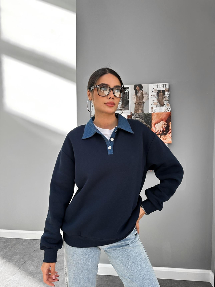 Lacivert Kot Yakalı Şardonlu Sweat