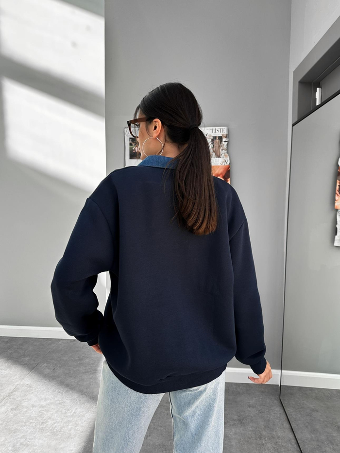 Lacivert Kot Yakalı Şardonlu Sweat