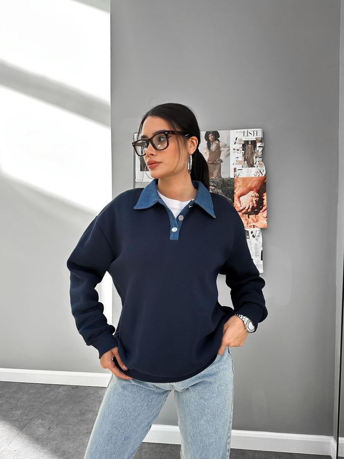 Lacivert Kot Yakalı Şardonlu Sweat